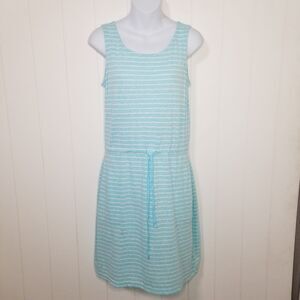 T by Talbots Sleeveless Knit Striped Petite Dress Blue White Drawstring